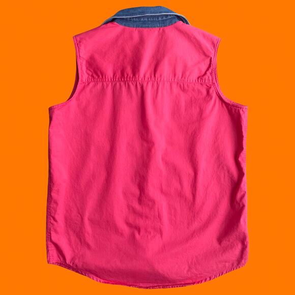 90's vintage pink 100% cotton denim collared sleeveless button up shirt LARGE - Picture 6 of 7